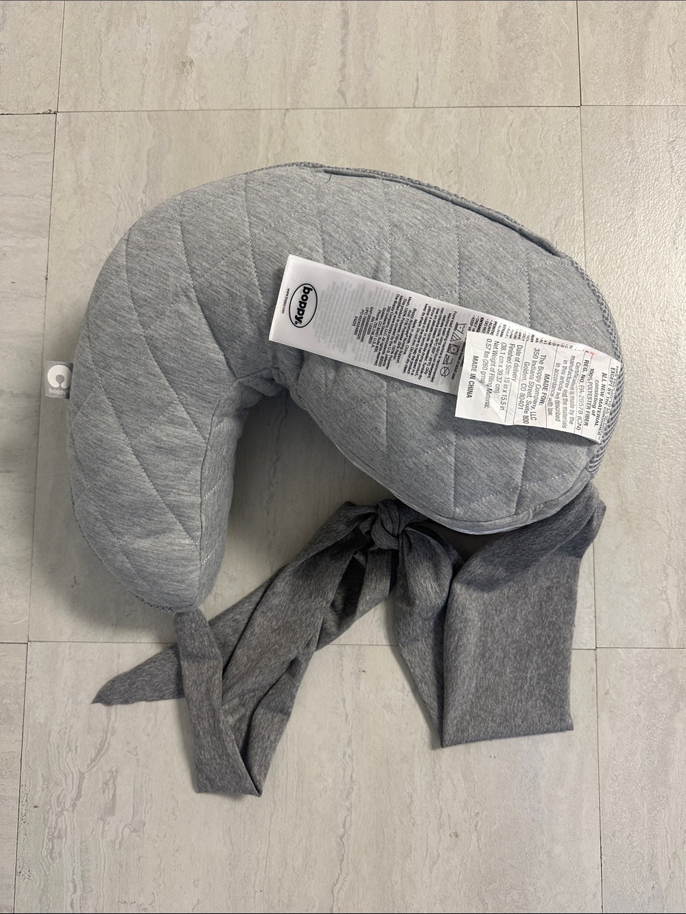 EUC Boppy Anywhere Light Gray Travel Nursing Support Pillow with Wrap Ties